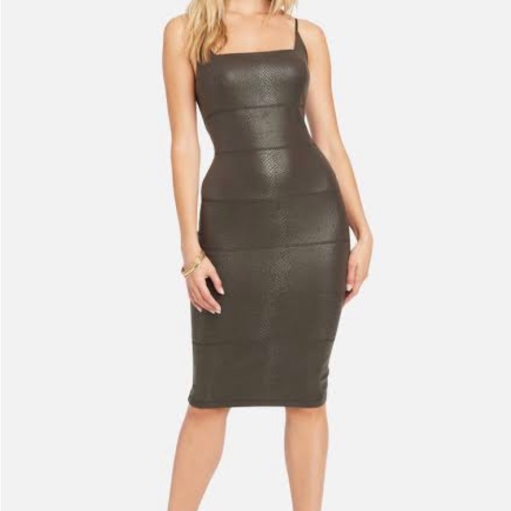 BEBE SMALL BROWN VEGAN LEATHER MIDI DRESS
